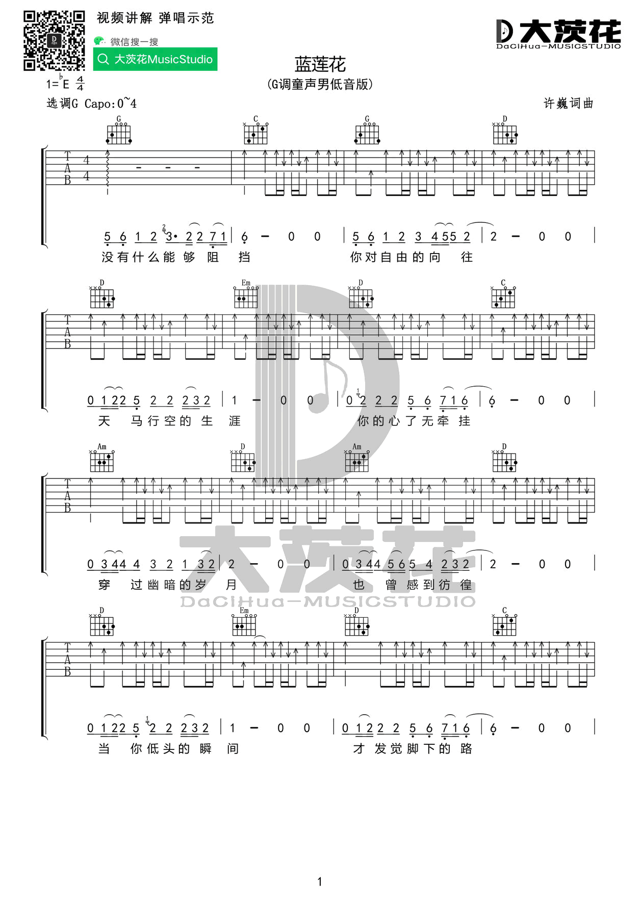 许巍《蓝莲花》吉他谱女生版-1