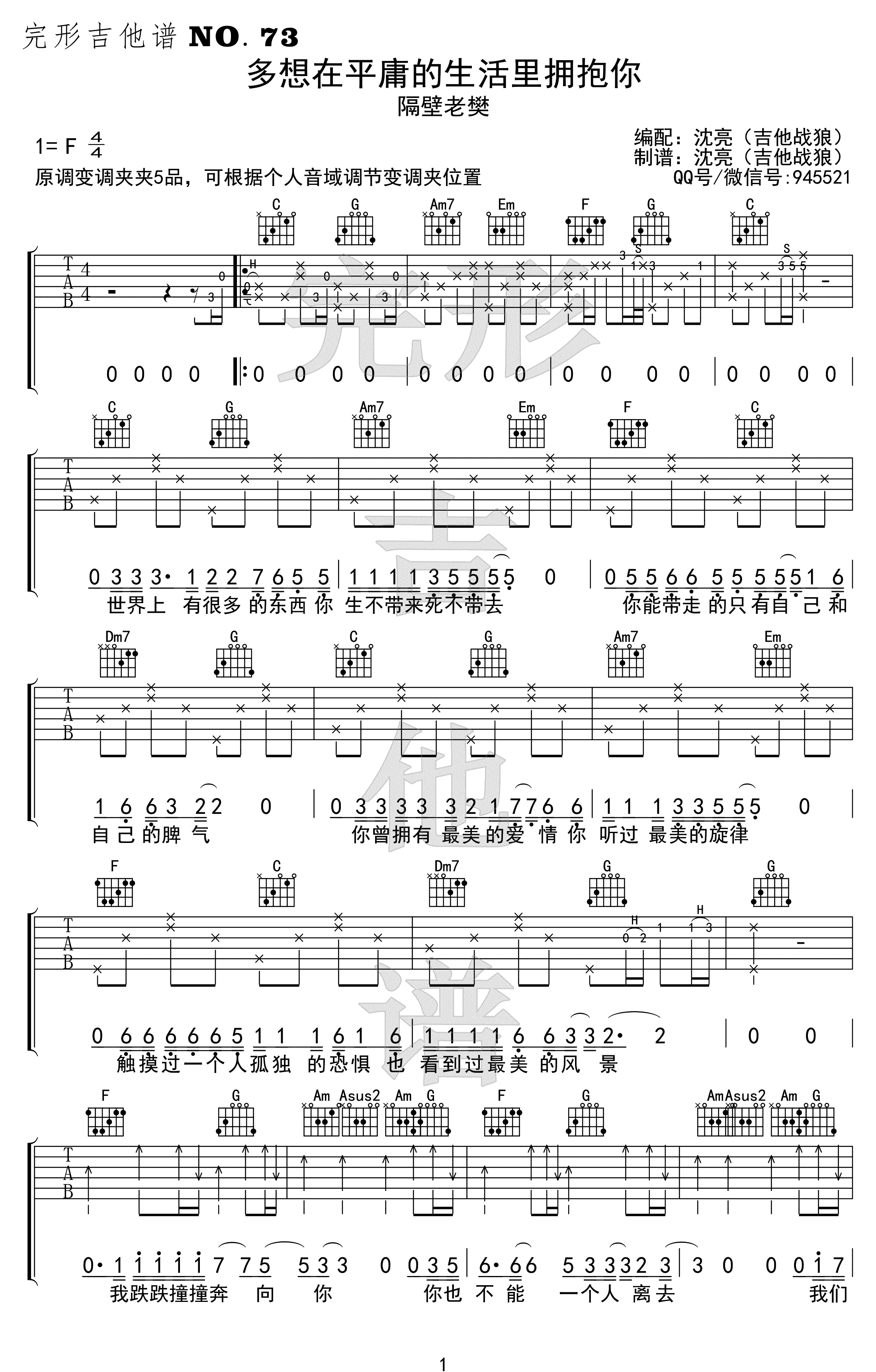 隔壁老樊《多想在平庸的生活拥抱你》吉他谱-1