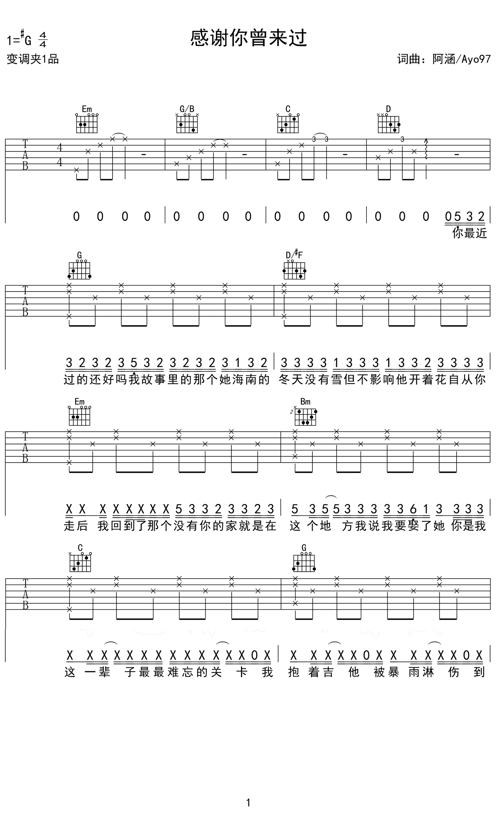 感谢你曾来过吉他谱 Ayo97和阿涵1