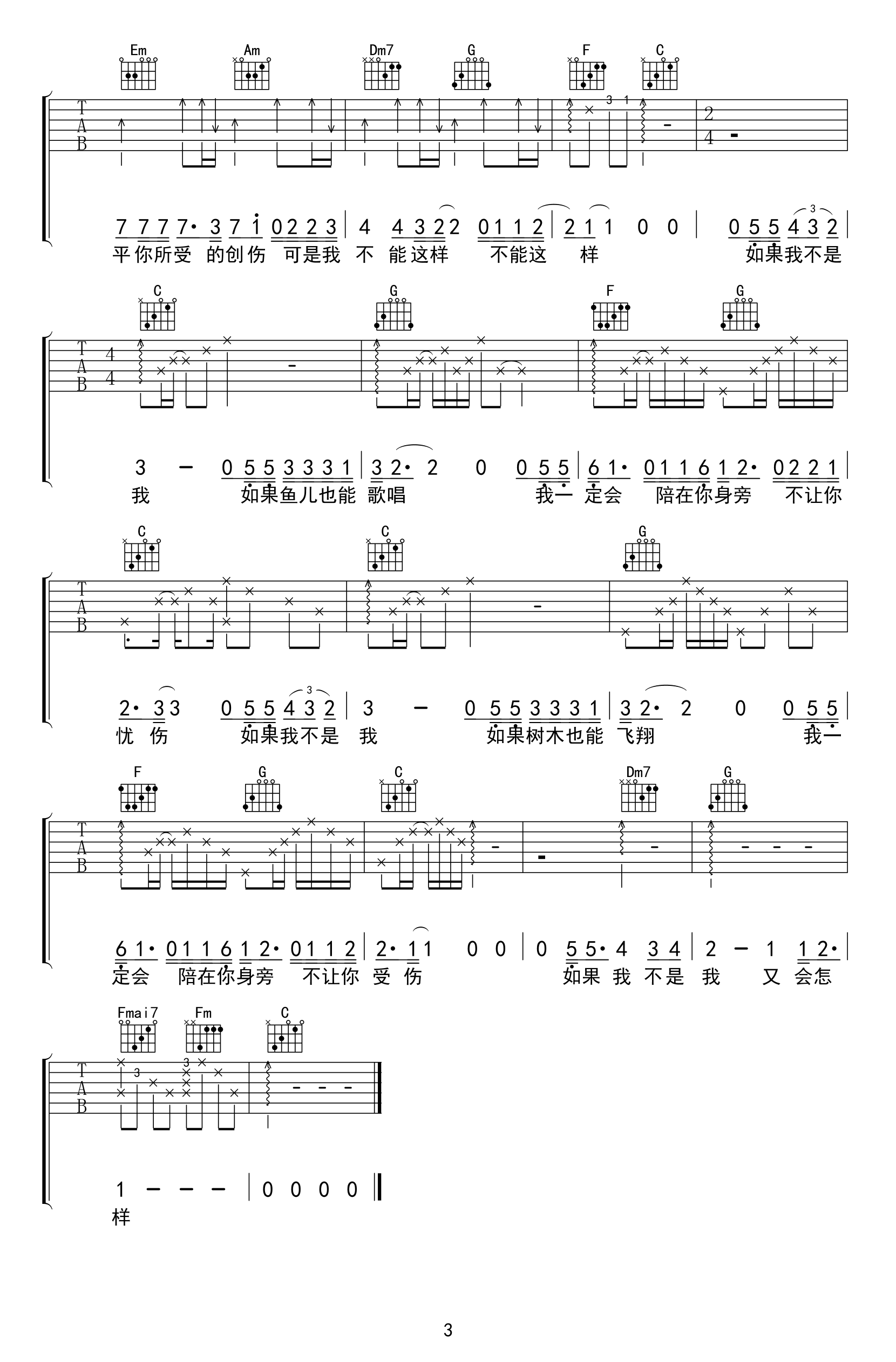 如果我不是我吉他谱 吴昱翰男生版-3