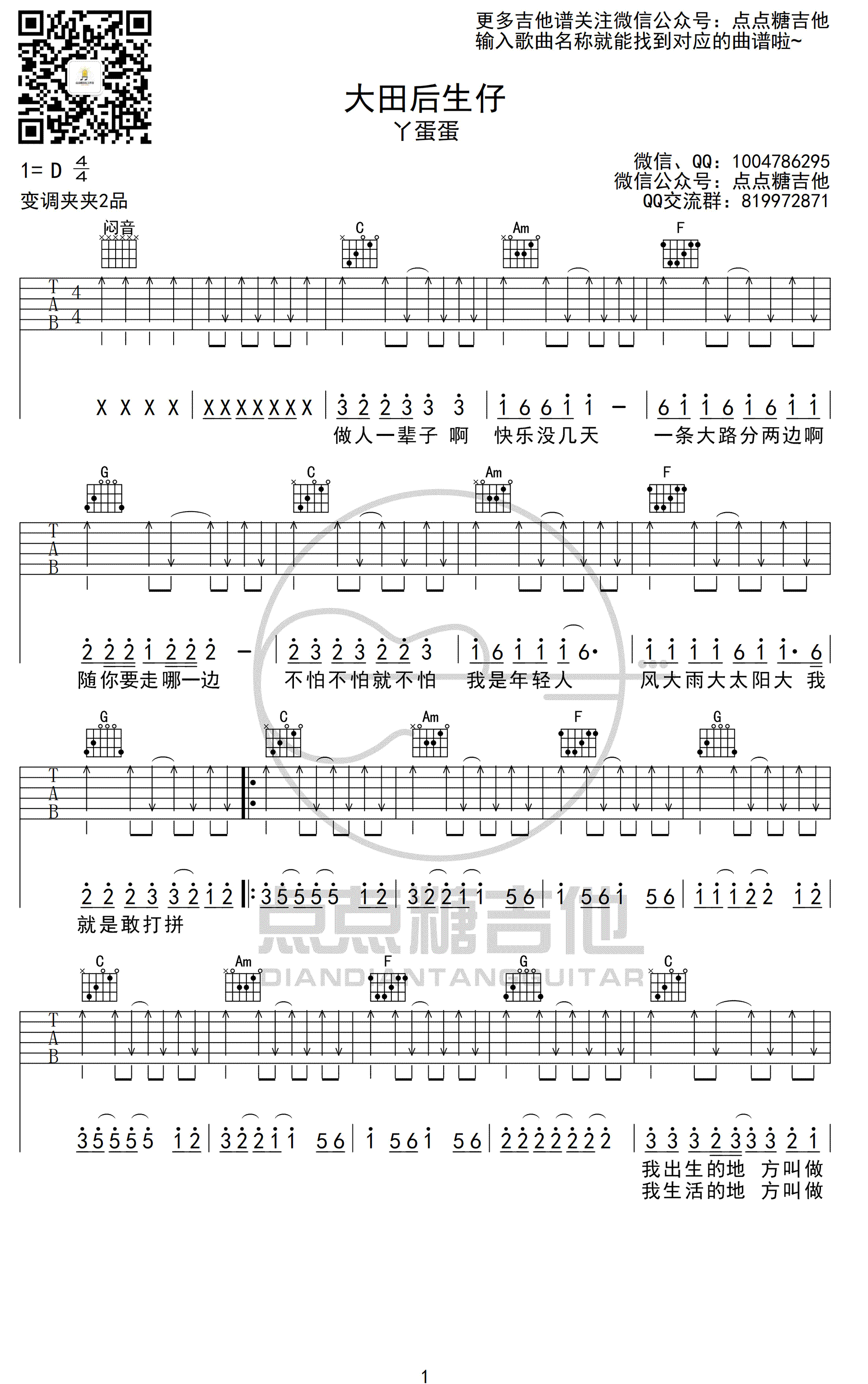 丫蛋蛋《大田后生仔》吉他谱-1