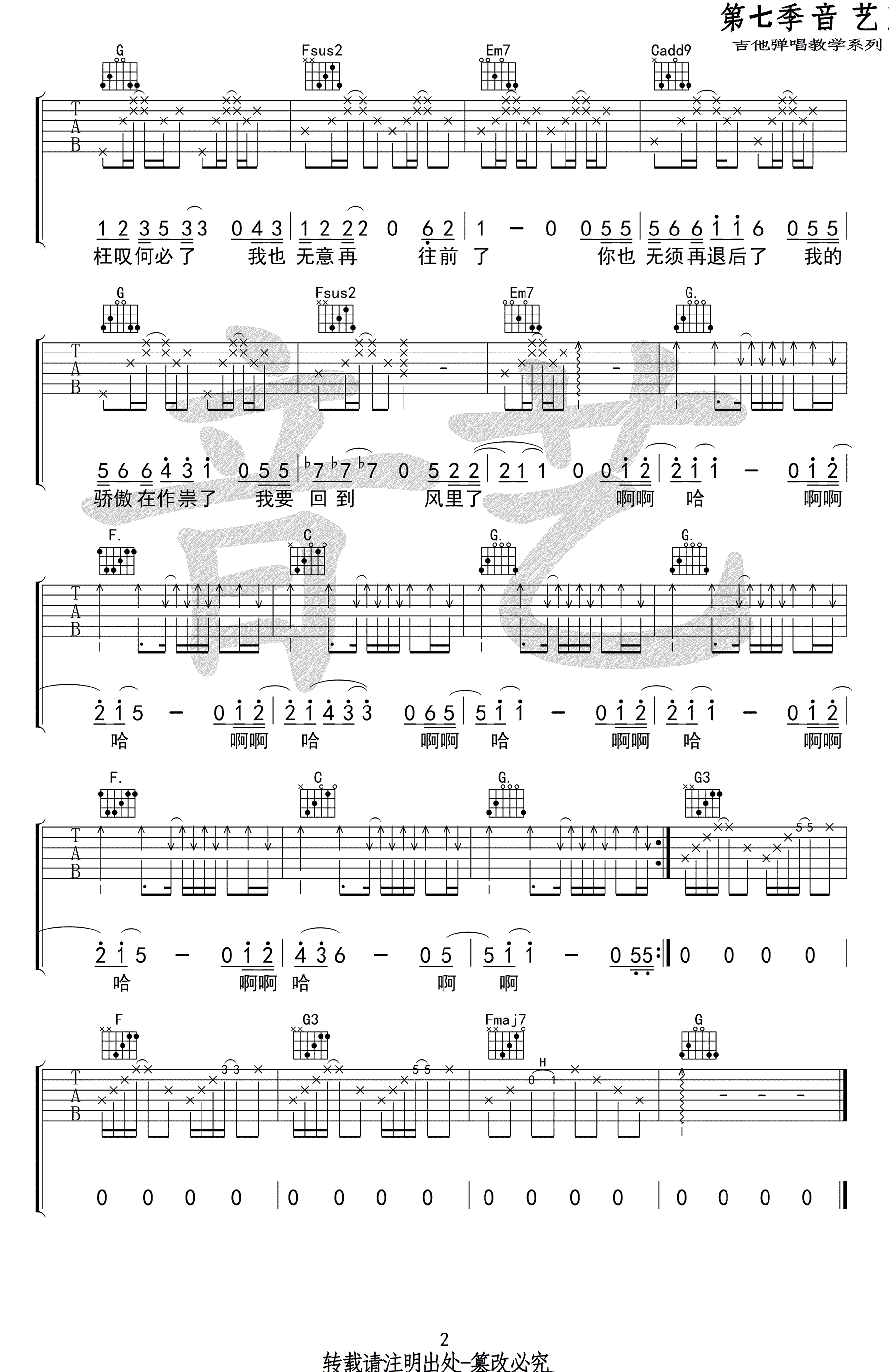 愚青 我要回到风里了吉他谱