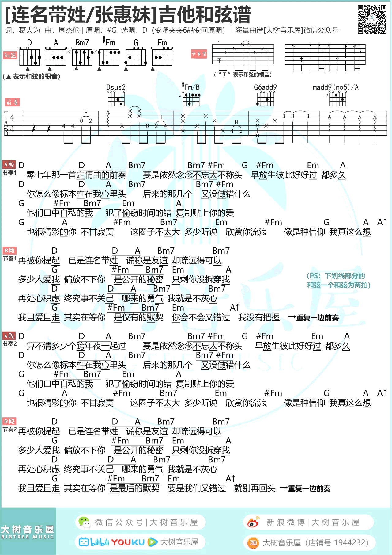 张惠妹《连名带姓》吉他谱 弹唱演示