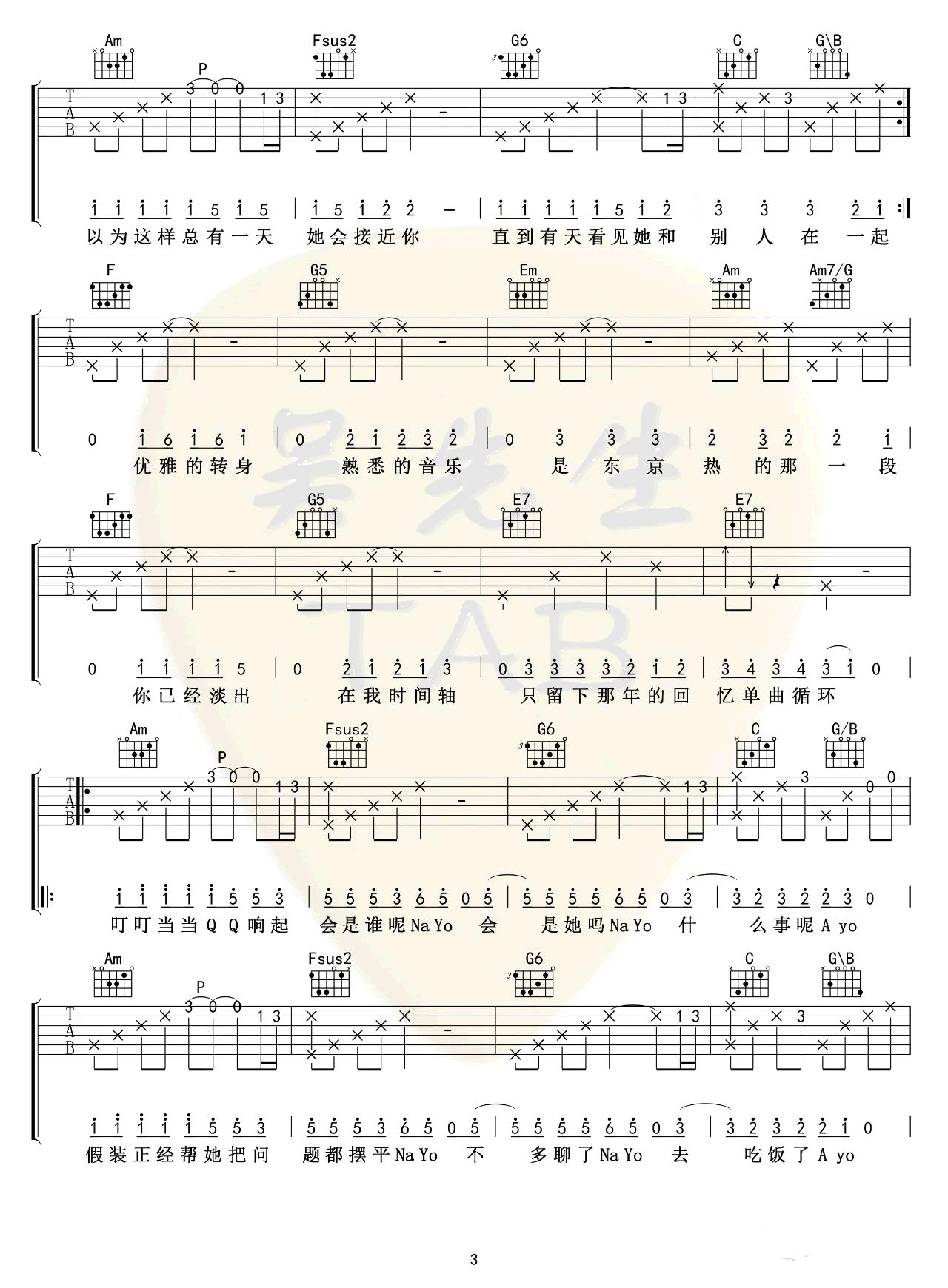 洛天依《东京不太热》吉他谱3