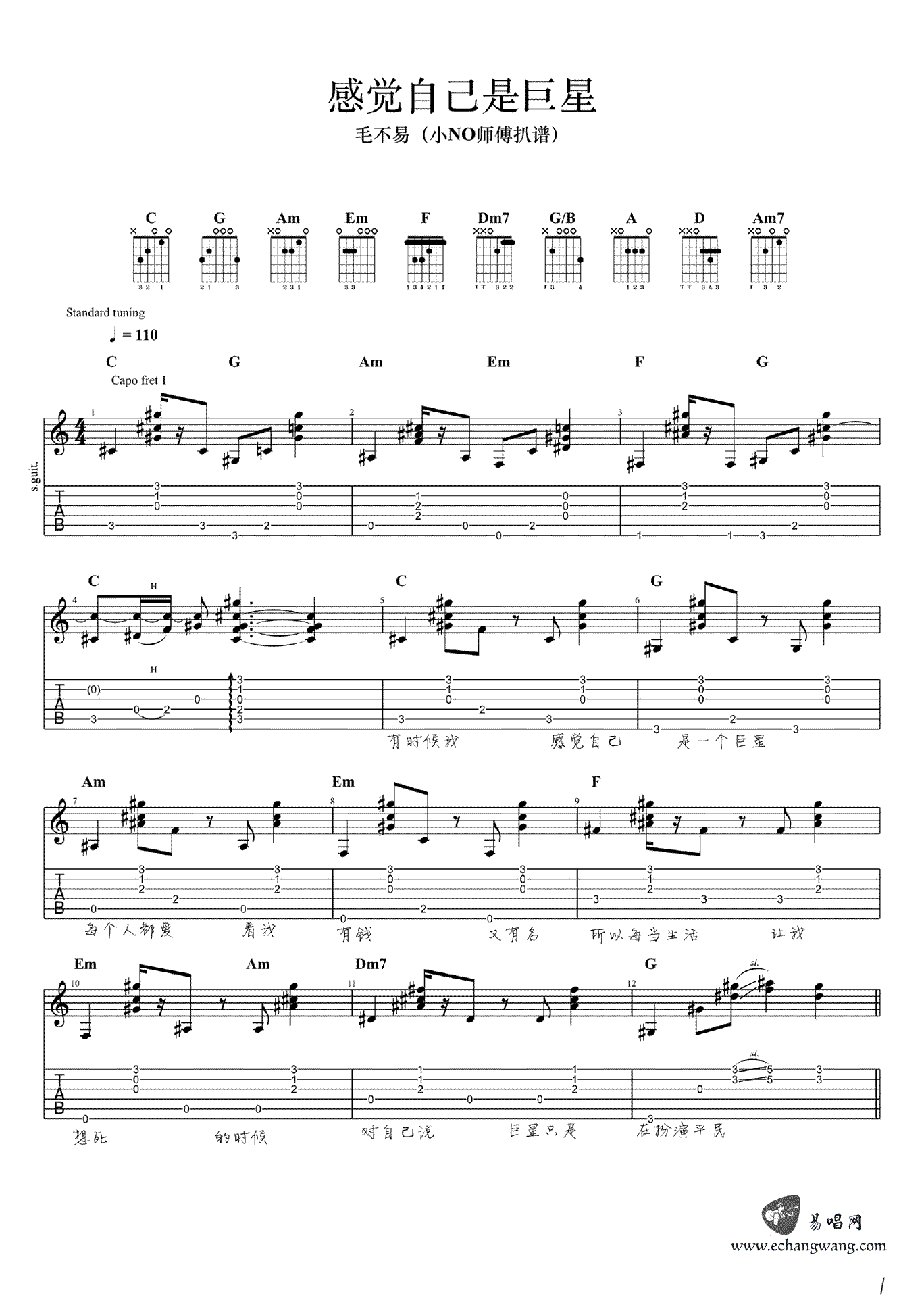 感觉自己是巨星吉他谱 毛不易