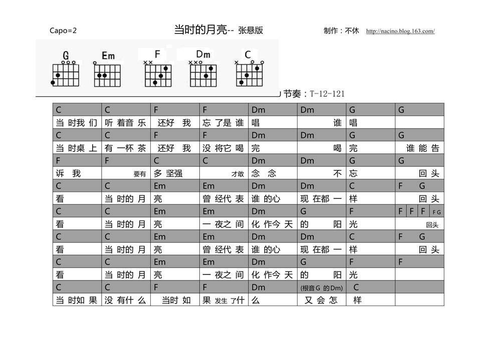 当时的月亮-张悬版吉他谱 