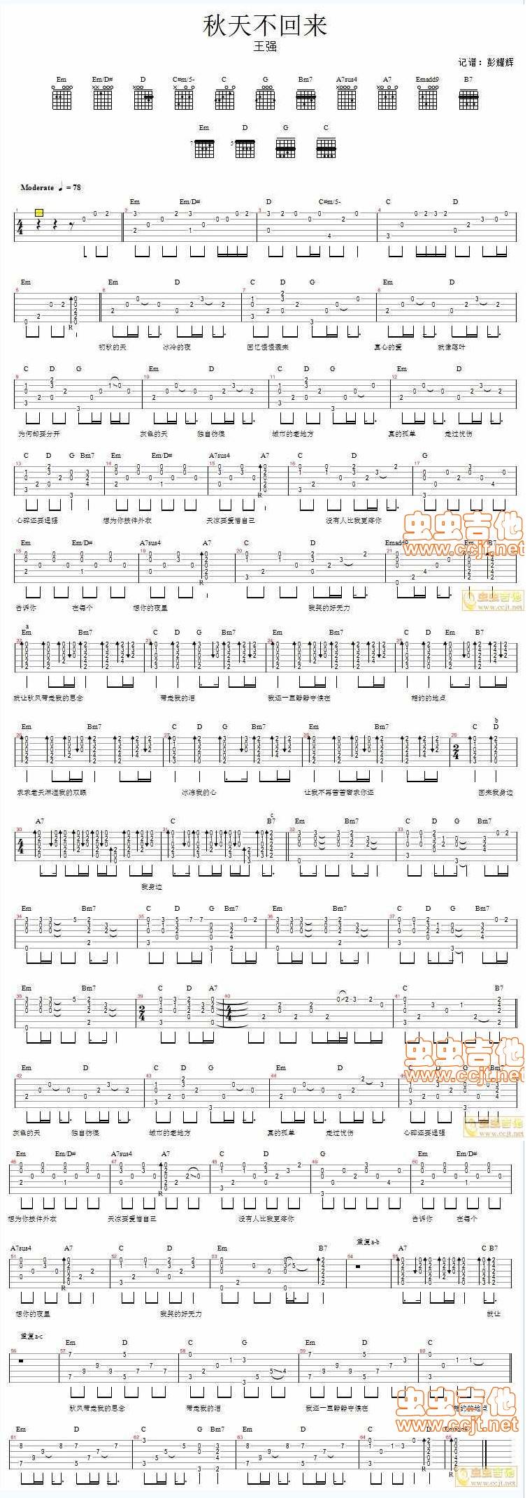 秋天不回来 王强吉他谱 